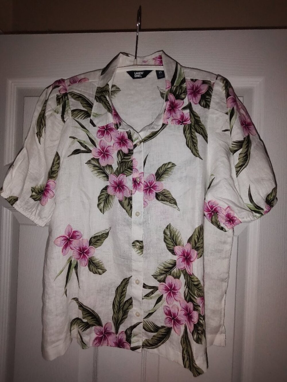 LANDS END PLUMERIA FLORAL BLOUSE PUFF SLEEVE BUTTON FRONT 100% LINEN NWT XS 2-4